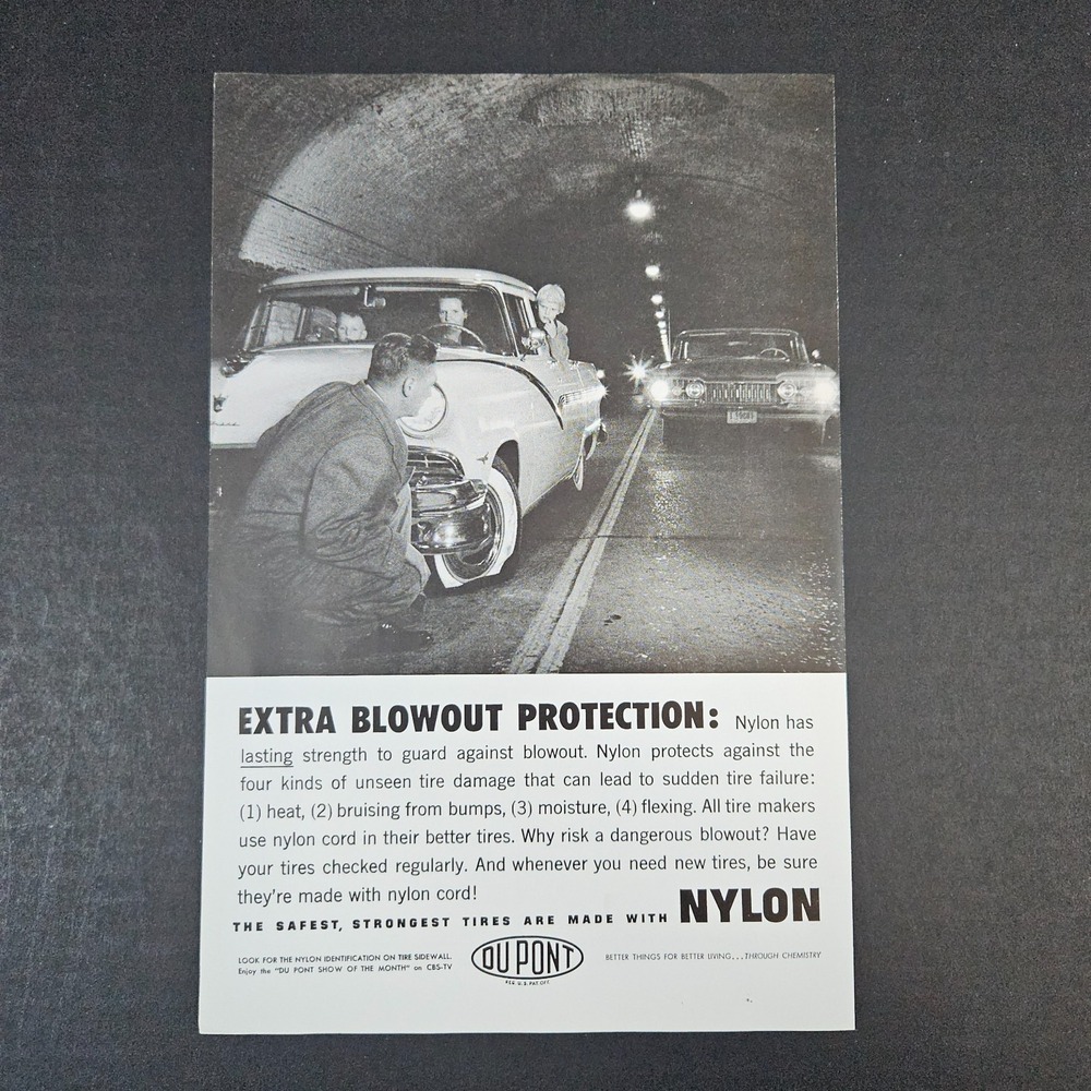 1959 DuPont Nylon Cord‎ Tire Reinforcement Vintage Print Ad Blowout In Tunnel